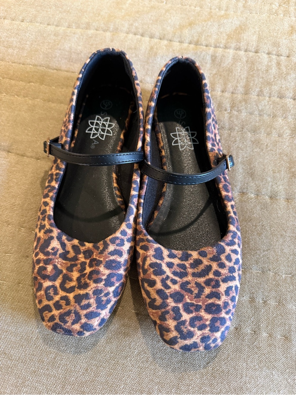 Leopard Print Mary Jane Flats with Black Strap